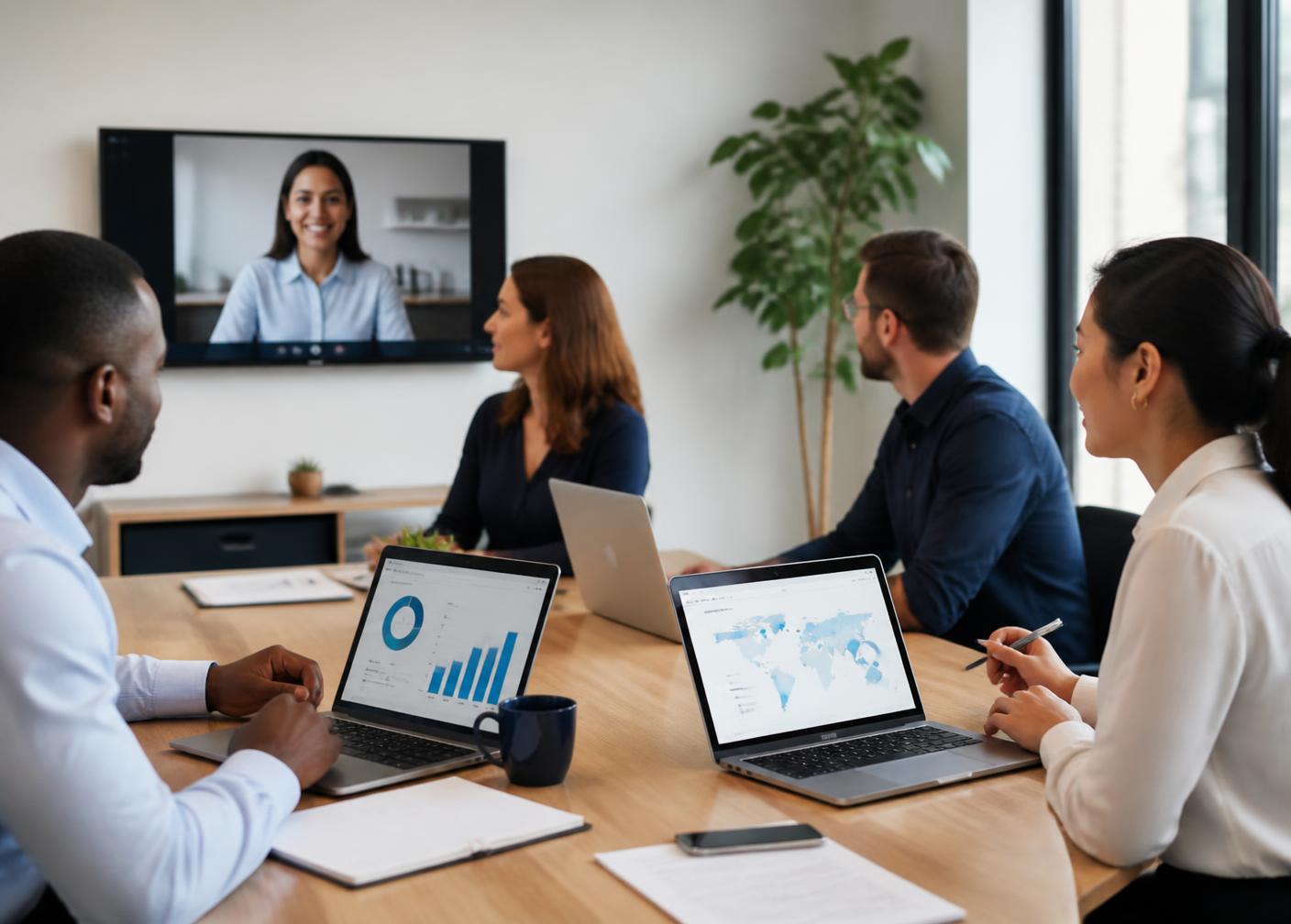 A distributed team reviewing project dashboards during a video call